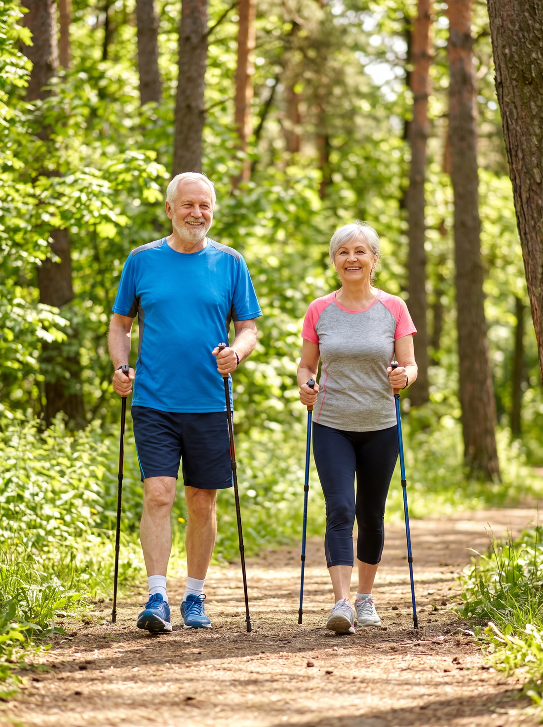Active older couple walking outdoors staying healthy after 50