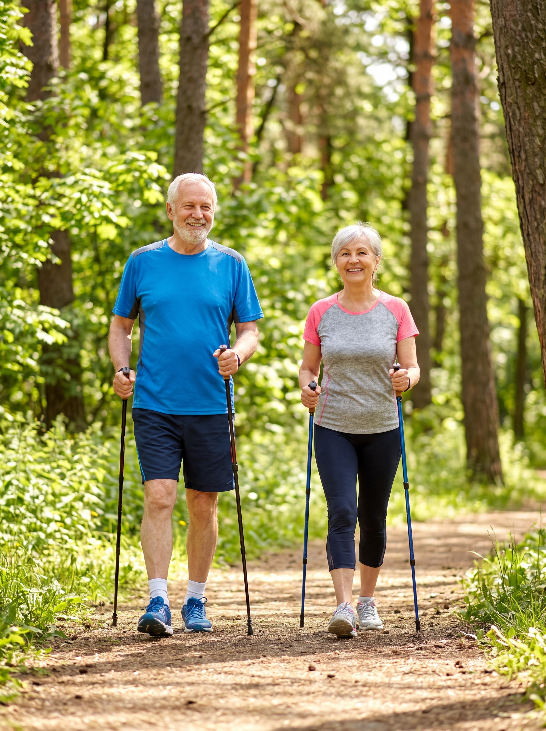 Active older couple walking outdoors staying healthy after 50