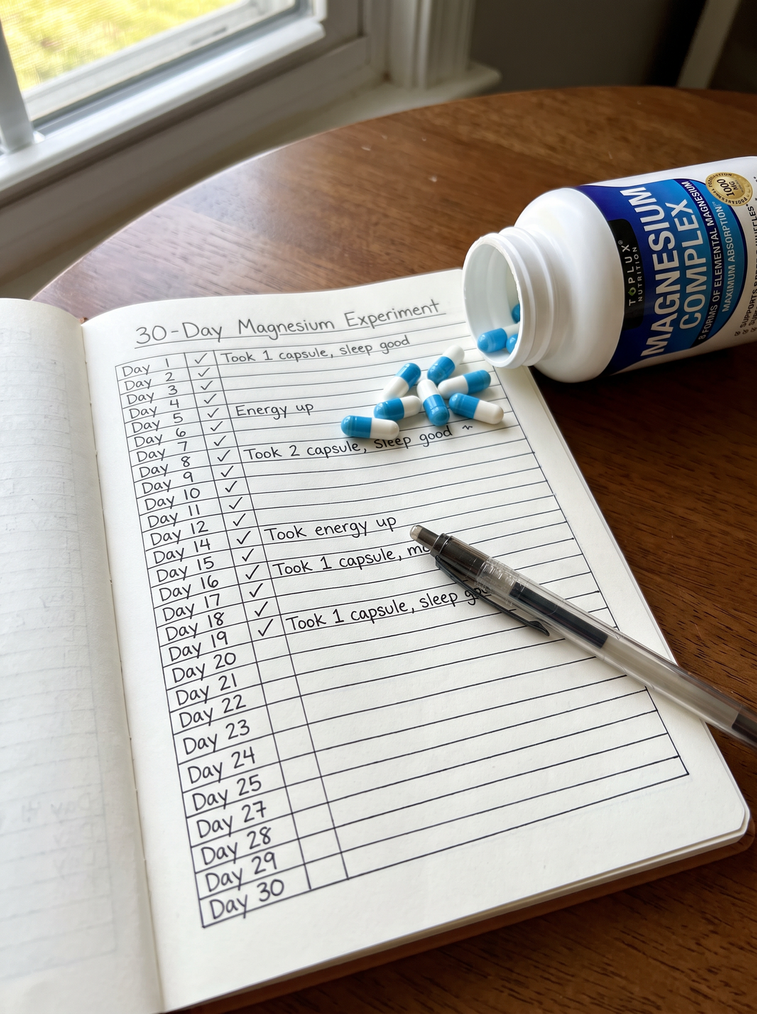 Journal and magnesium capsules tracking a 30-day supplement experiment